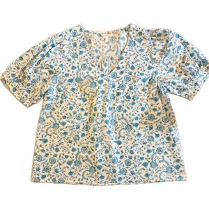 Draper James Blouse Womens XL Blue Paisley Floral V-Neck Puff Sleeve Top